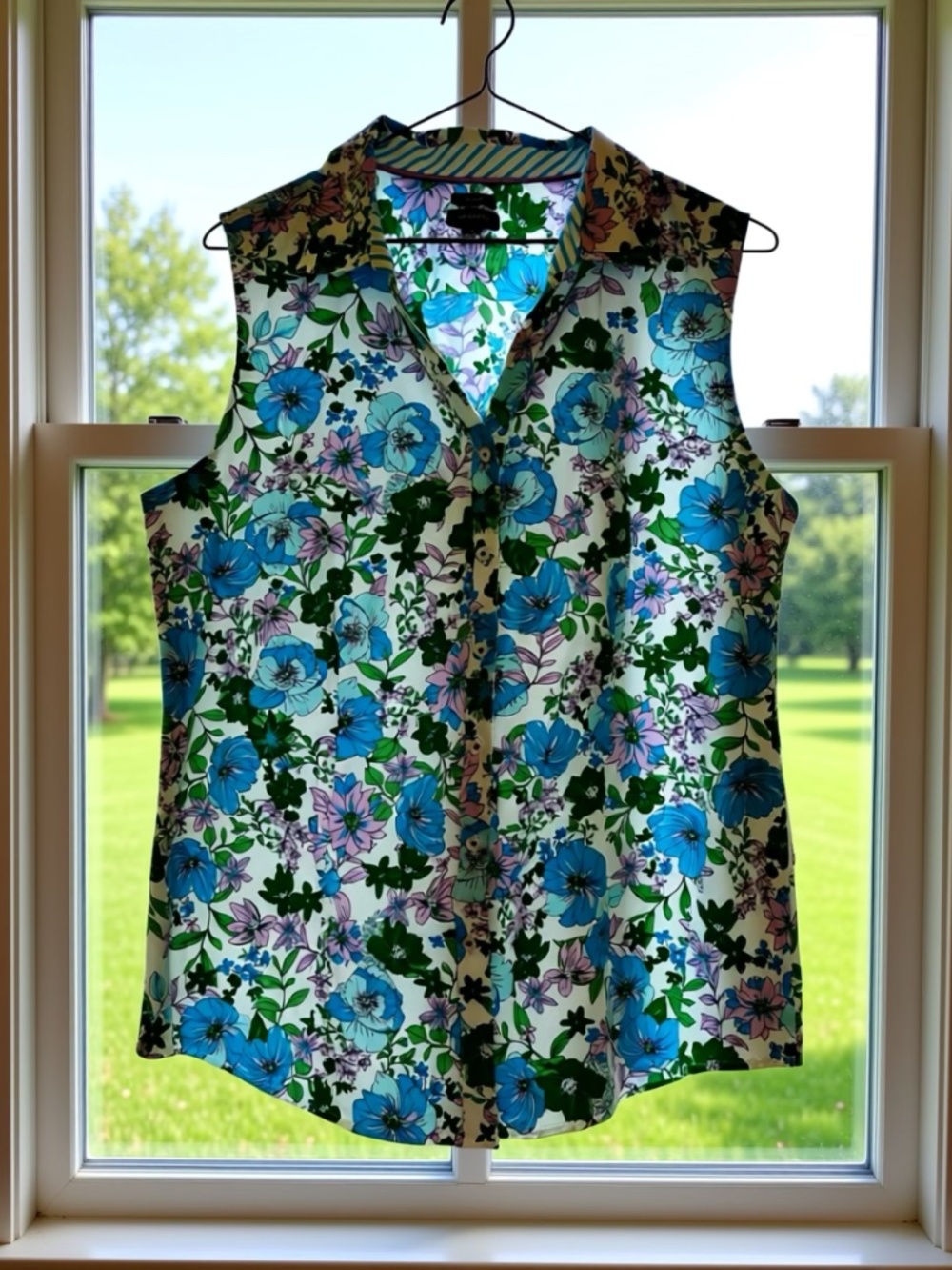 Talbots Large Blue, Green and Purple Floral Sleeveless Top Cottagecore Summer